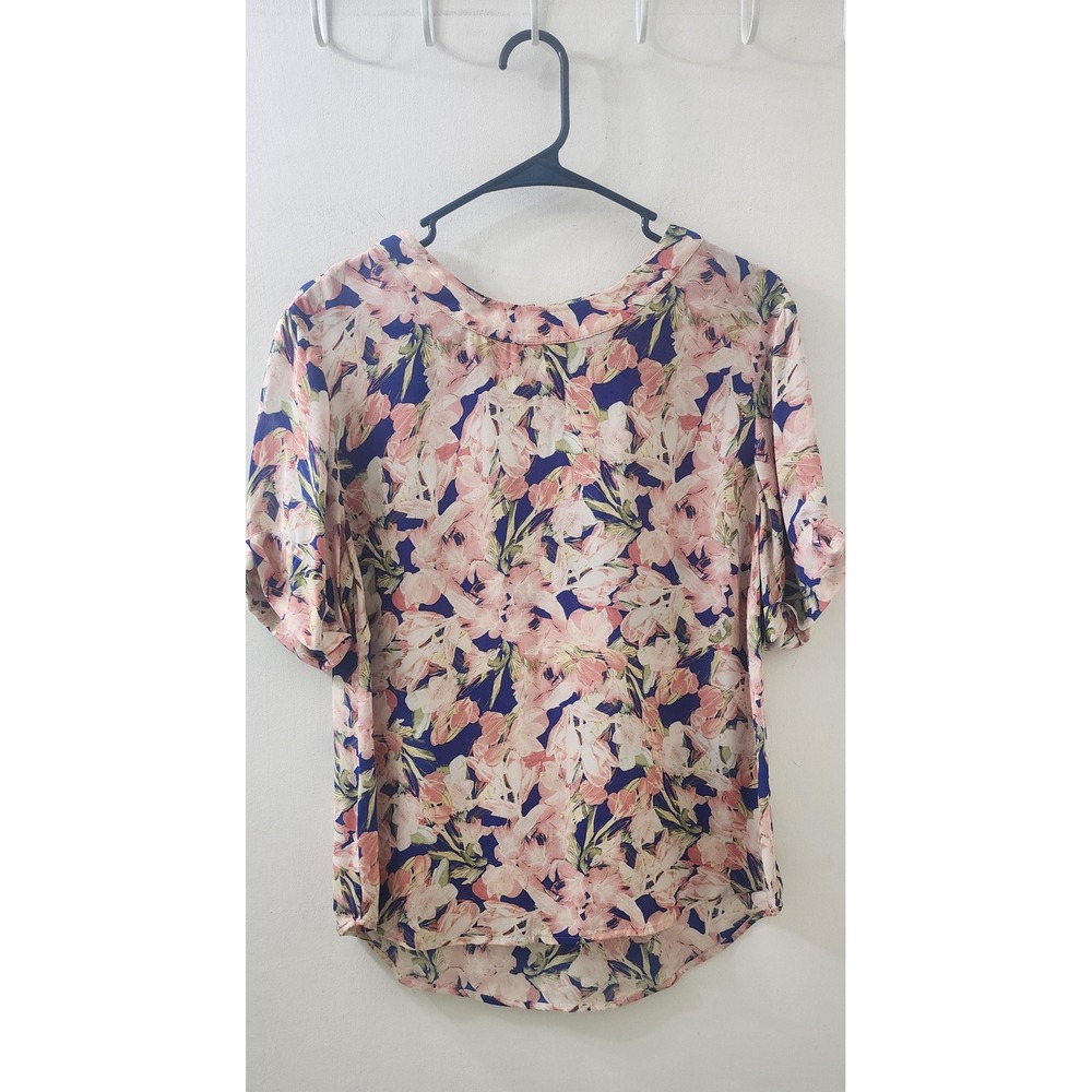 J.Crew Women 100% Silk Floral Short Sleeve Blouse Blue Pink Size 8 Keyhole Back